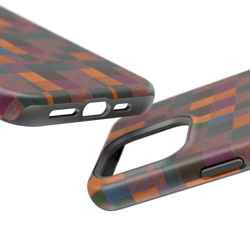 Impact-Resistant Phone Case — Retro Checkerboard Pattern, Fractyl wireless charging iphone 18 pro case with detailed checkerboard artwork surrounding the phone camera module.