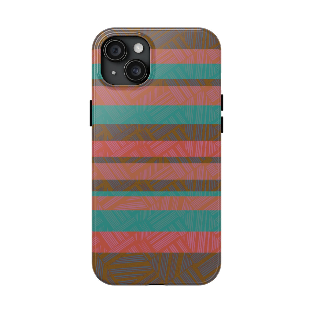 Striped Tribal Tough Phone Case — Retro Teal & Coral Protective Cover with a glossy finish and triple-camera opening for a fractyl shockproof iphone 17 pro case