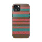 Striped Tribal Tough Phone Case — Retro Teal & Coral Protective Cover with a glossy finish and triple-camera opening for a fractyl shockproof iphone 17 pro case