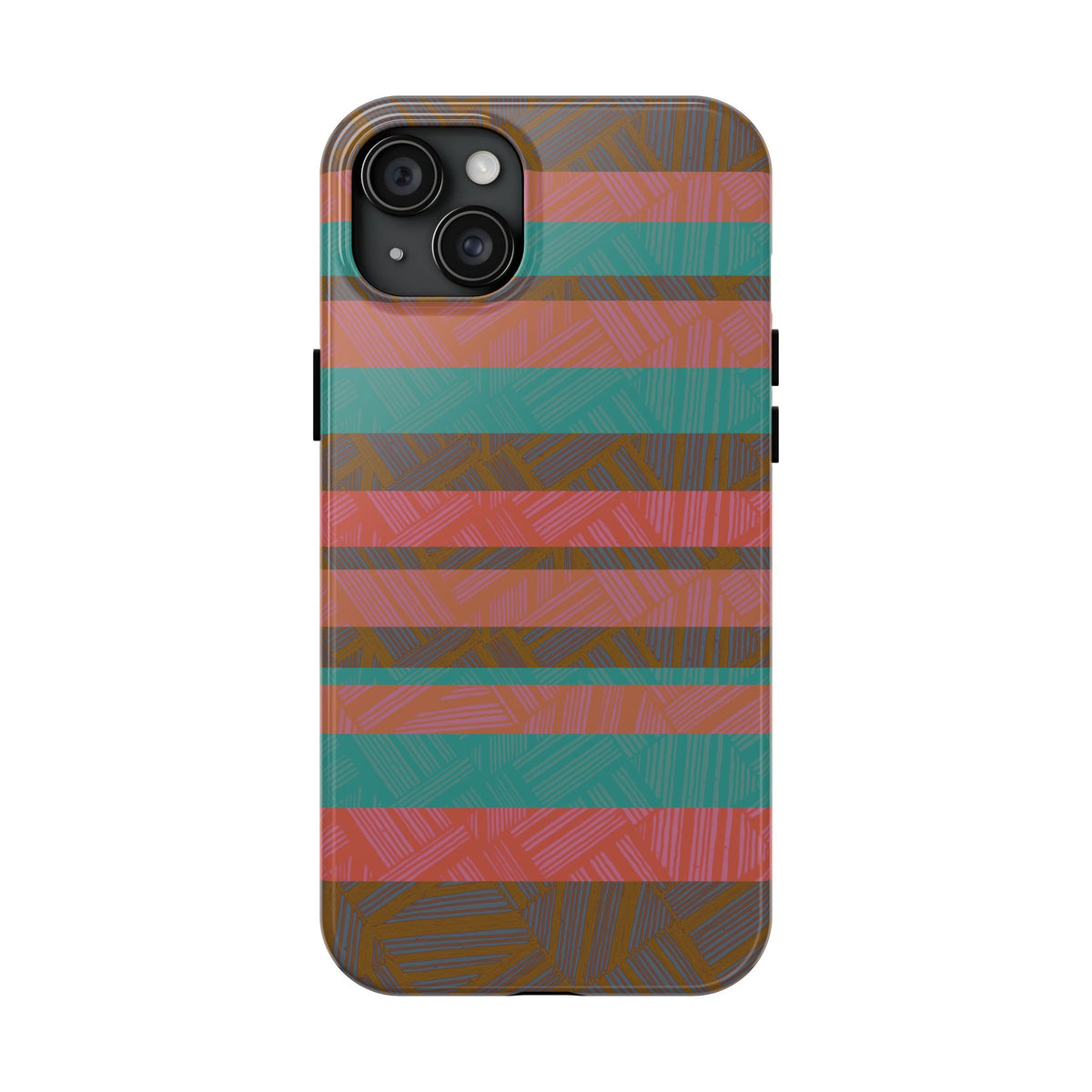 Striped Tribal Tough Phone Case — Retro Teal & Coral Protective Cover with a glossy finish and triple-camera opening for a fractyl shockproof iphone 17 pro case