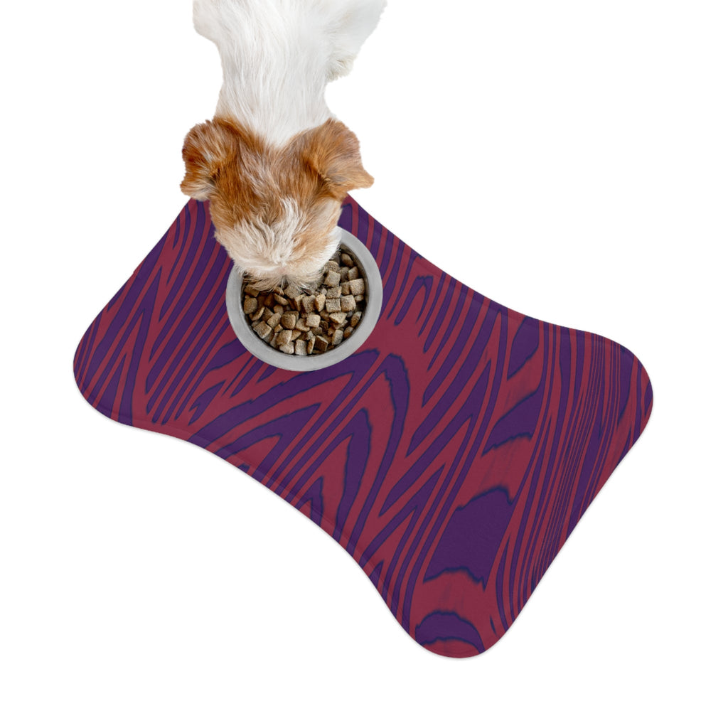 Pet Feeding Mat with a rich purple and red wood grain print, showing a dog enjoying its meal. This memory foam dog mat is both stylish and functional, making it a great pet bowl mat. Suitable for both cats and dogs, it serves as a non-slip mat for all feeding times. An easy to clean and waterproof mat that fits perfectly into the modern pet landscape.
