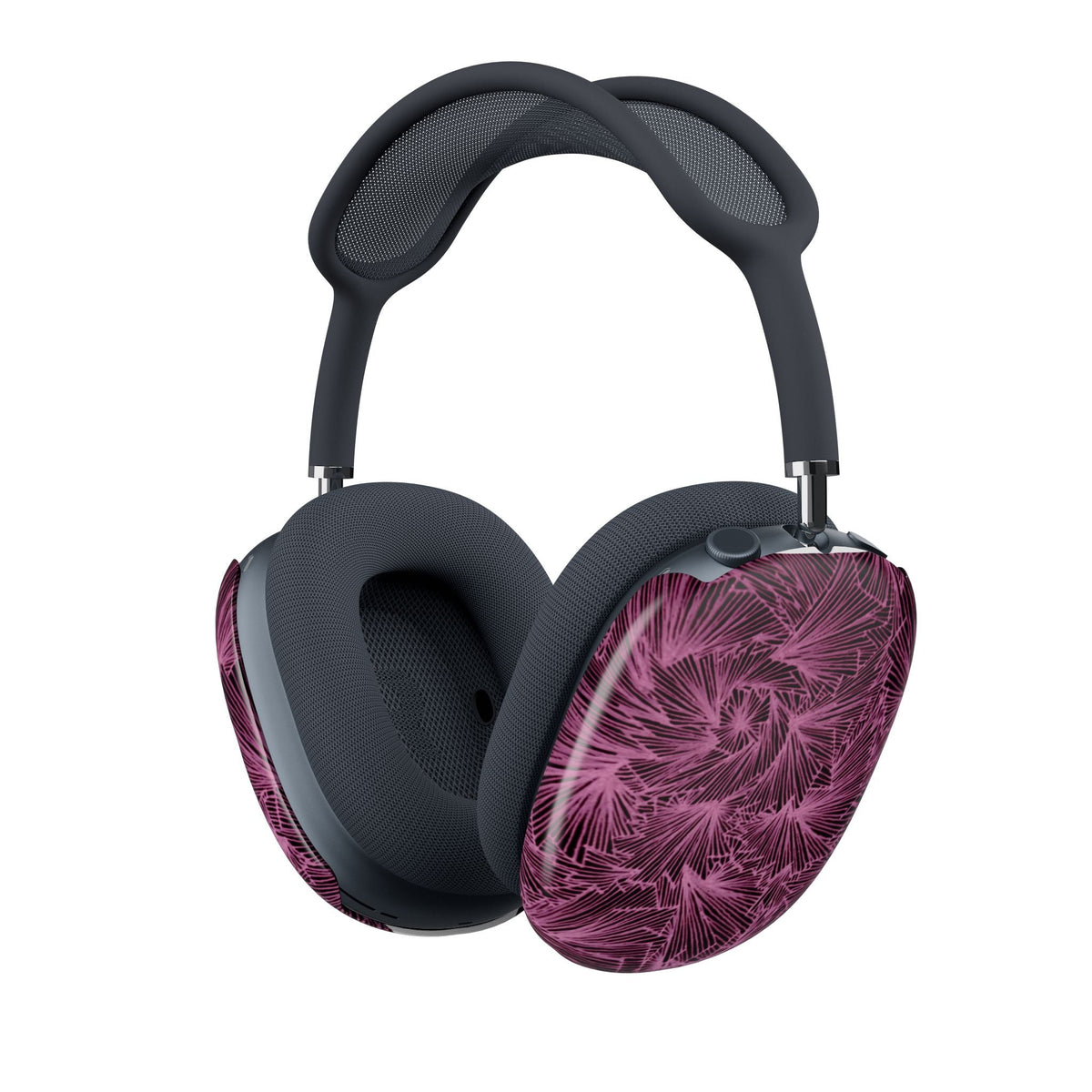 Side angle of the AirPods Max Shell Case in Plum Feather Swirl by Printify, highlighting its elegant, feather-like design in deep plum, a chic plum swirl shell case for your headphones.