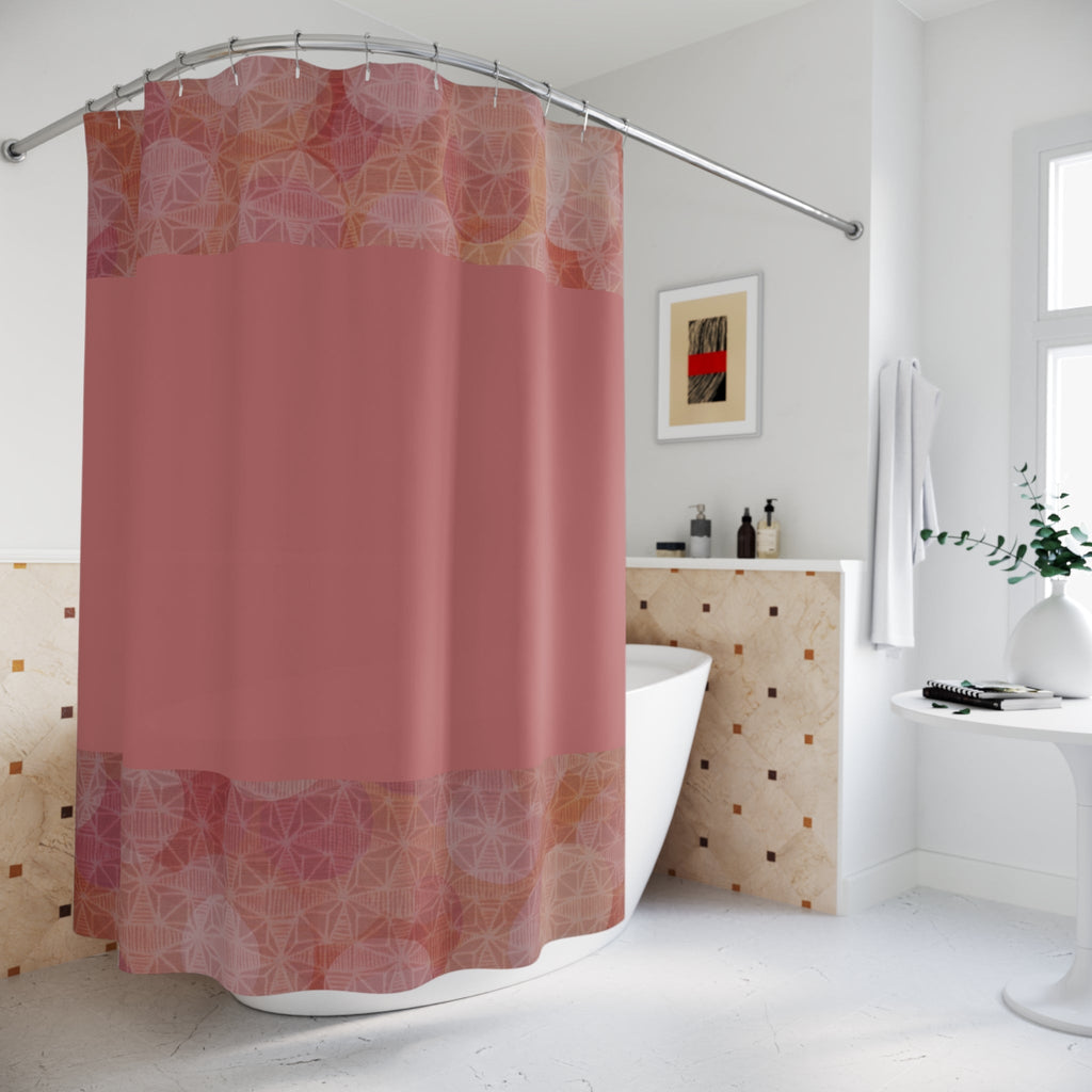 Blush Rose Geometric Shower Curtain in a bright bathroom setting, complementing the decor with its unique geometric design and colors, demonstrating the benefits of quick-drying shower curtains.