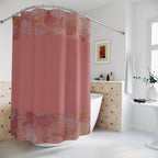 Blush Rose Geometric Shower Curtain in a bright bathroom setting, complementing the decor with its unique geometric design and colors, demonstrating the benefits of quick-drying shower curtains.