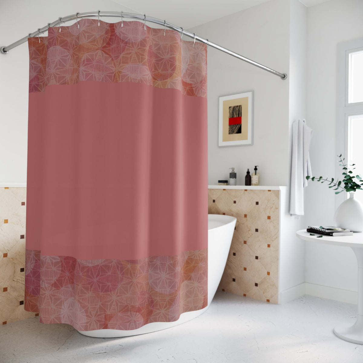 Blush Rose Geometric Shower Curtain in a bright bathroom setting, complementing the decor with its unique geometric design and colors, demonstrating the benefits of quick-drying shower curtains.