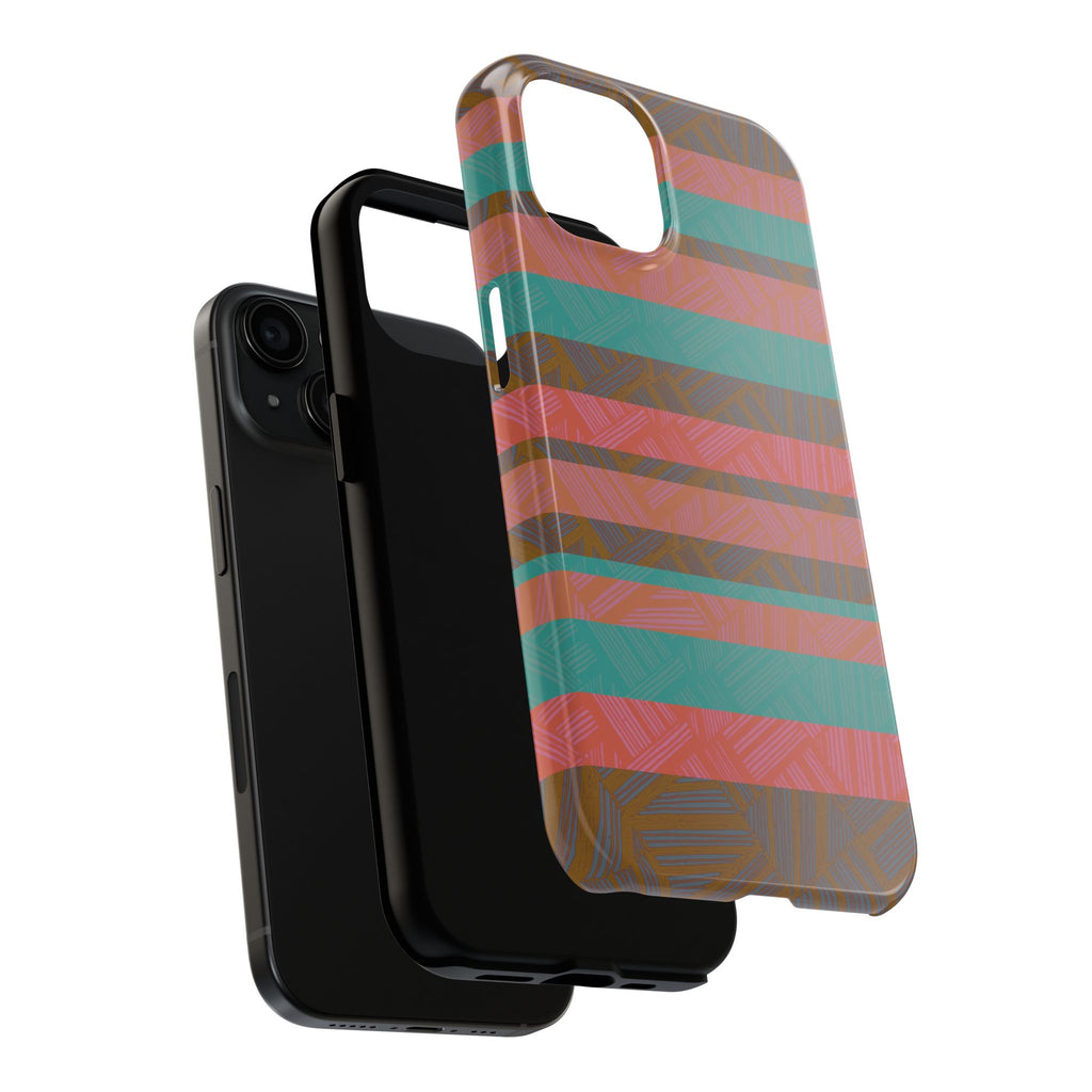 Striped Tribal Tough Phone Case — Retro Teal & Coral Protective Cover shown at an angle with layered stripes and shock-resistant fractyl shockproof iphone 17 pro case design