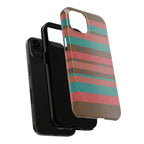 Striped Tribal Tough Phone Case — Retro Teal & Coral Protective Cover shown at an angle with layered stripes and shock-resistant fractyl shockproof iphone 17 pro case design