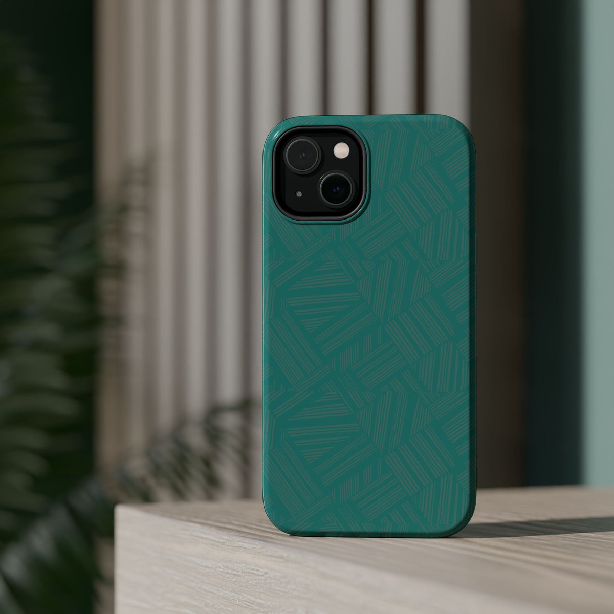 Magnetic Impact-Resistant Phone Case — Teal Geometric Protective Cover, magnetic iphone 18 pro case displayed in a modern setting
