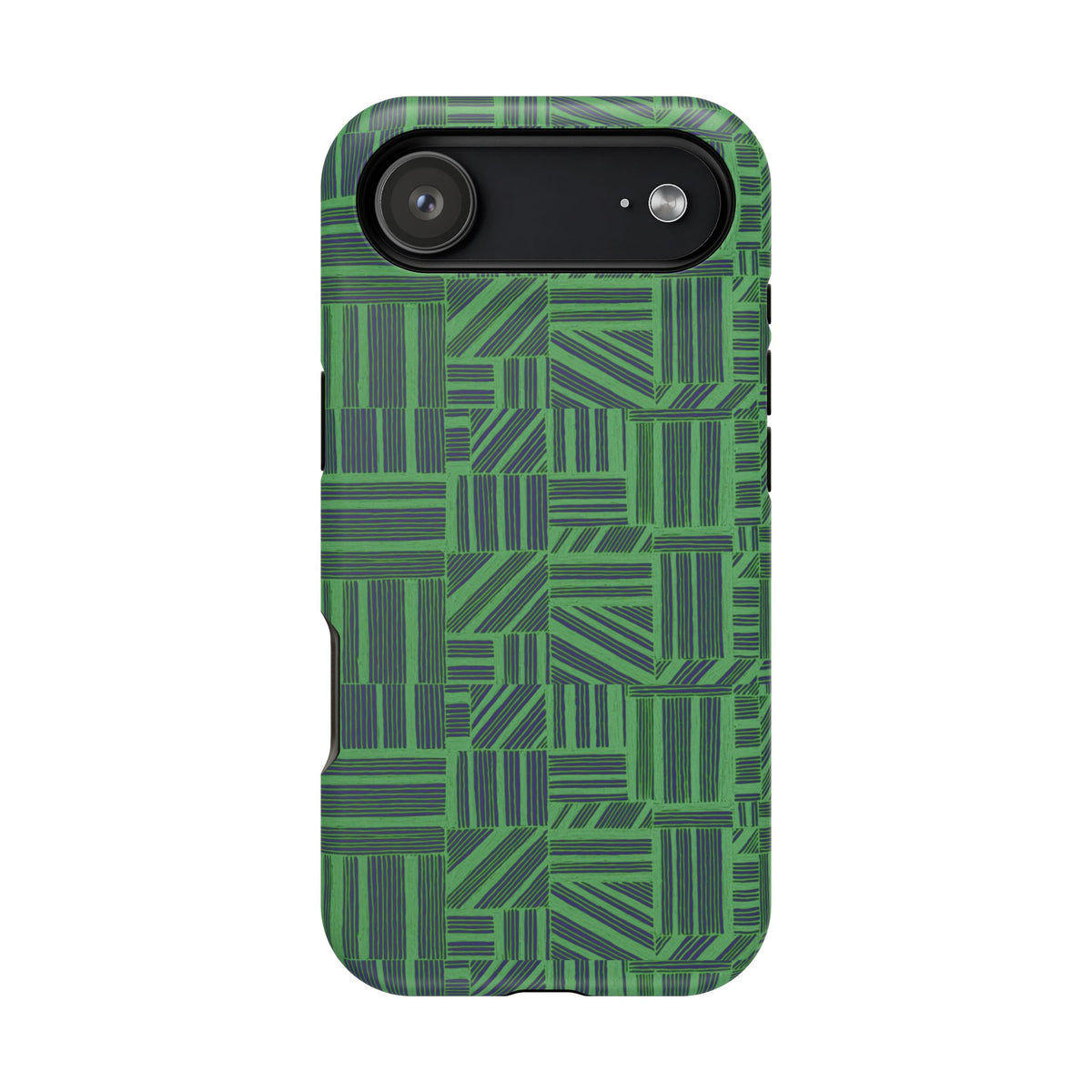 Green Magnetic Phone Case — 2-Layer Geometric MagSafe-Compatible Impact-Resistant Cover, green magnetic phone case- price match with CASETiFY and Casely, lifestyle product image with green case on a modern surface.