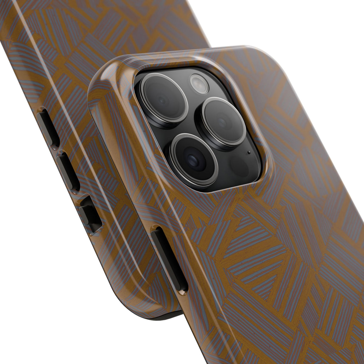 Tough Phone Case — Geometric Maze Brown Protective Cover, wireless charging iphone 18 pro max case displayed with precise bottom cutouts.