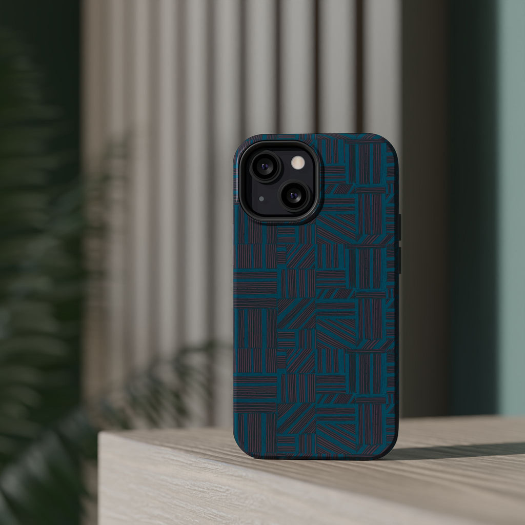 Impact Resistant Phone Case-20% OFF Entire Order, And Free Shipping, Teal Geometric MagSafe case upright against a neutral interior background; impact resistant iphone 17 case-20% OFF Entire Order, and Free Shipping.