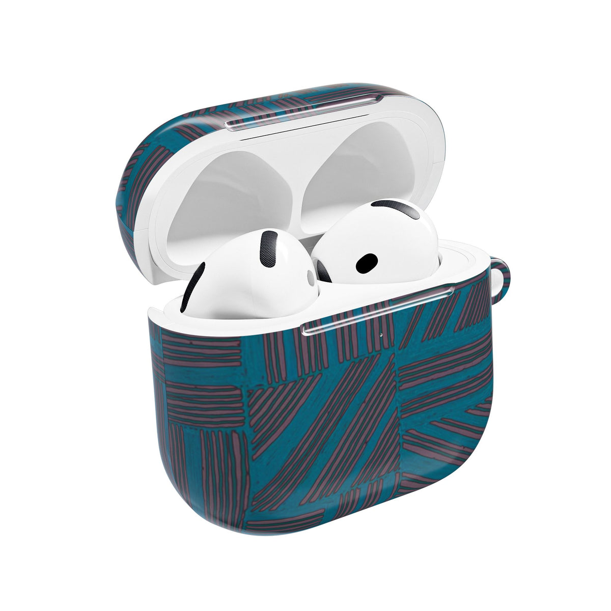 Geometric Teal Stripe AirPod Case — Modern Patterned Protective Cover, an airpod case with carabiner protecting white wireless earbuds in an open charging case.