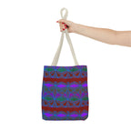 Geometric Heart Pattern Tote Bag — Vintage Tribal All-Over Print, hand-held geometric canvas tote bag with cream handles and vibrant tribal design