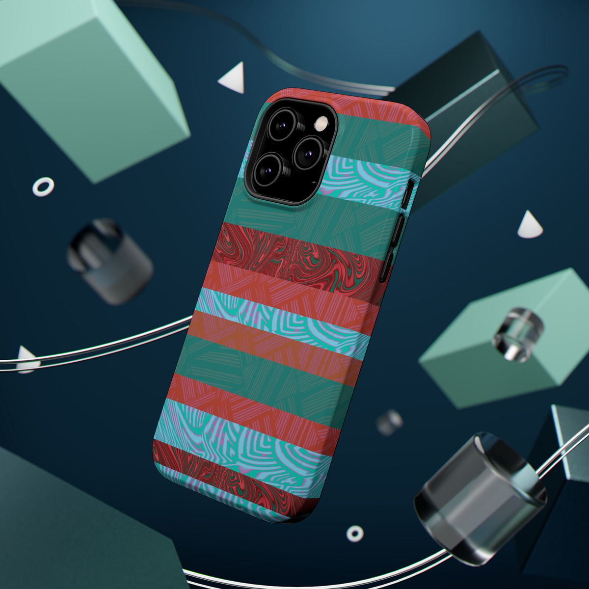 Striped Teal & Coral Magnetic Impact Phone Case shown with MagSafe magnetic ring, Fractyl magsafe compatible iphone 18 pro max case