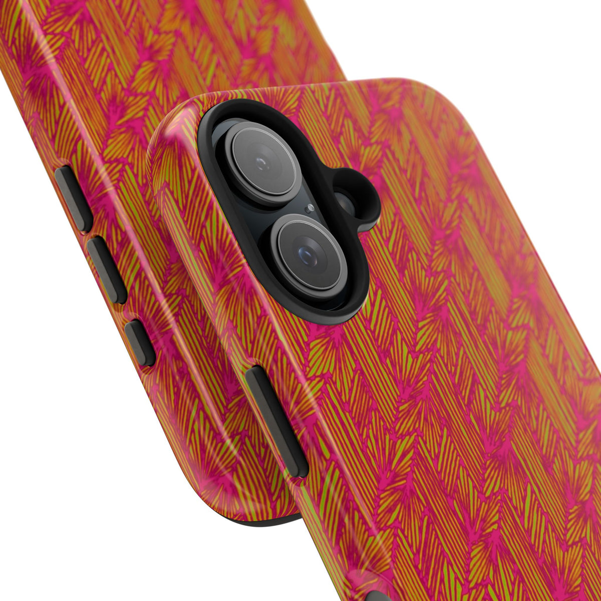 Tough Phone Case — Vibrant Tropical Herringbone Pattern, impact resistant iphone 17 case close-up with dual camera cutout