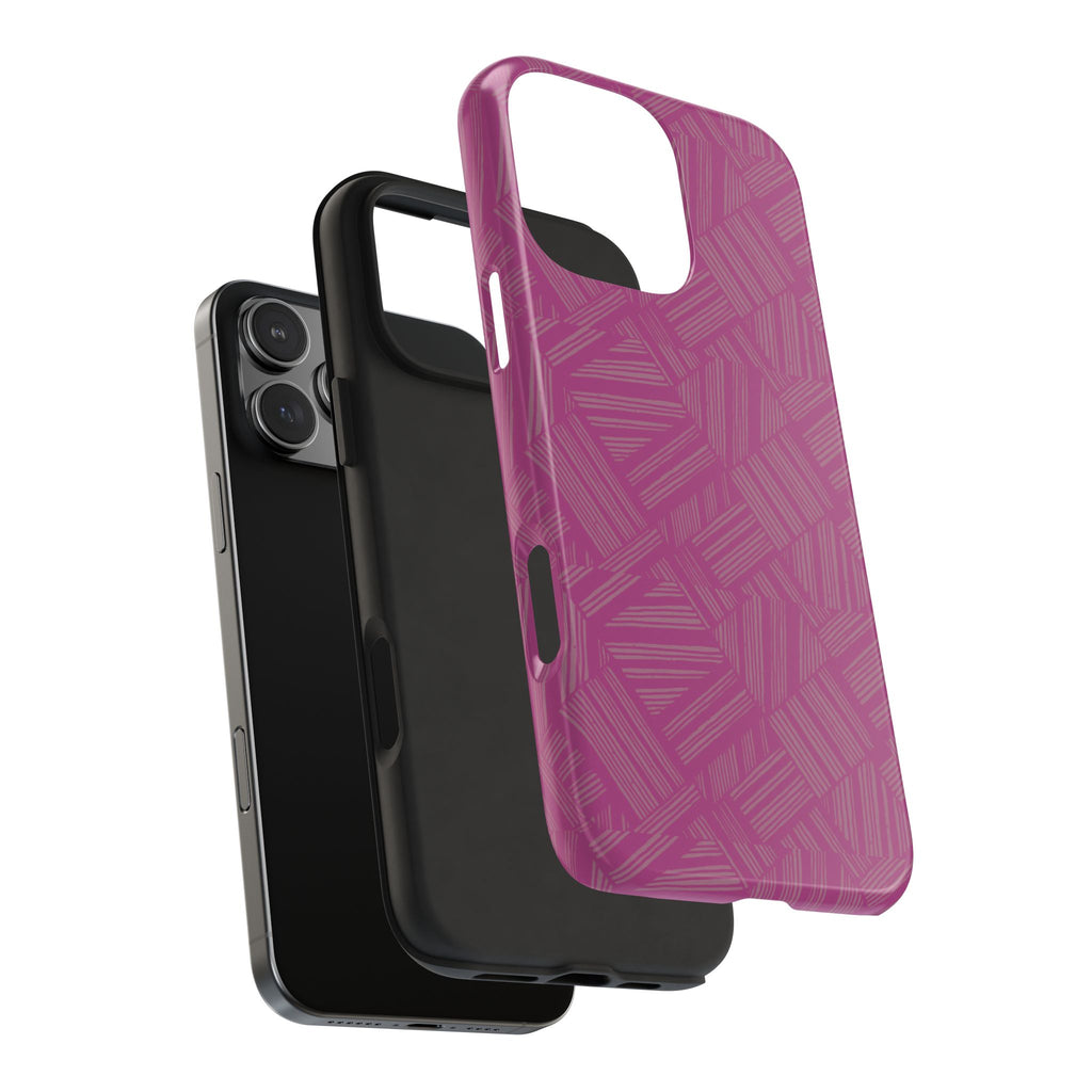 Magenta Geo Pattern Tough Phone Case — Protective Floral-Style Abstract Design, wireless charging iphone 18 pro case showing bottom port cutouts.