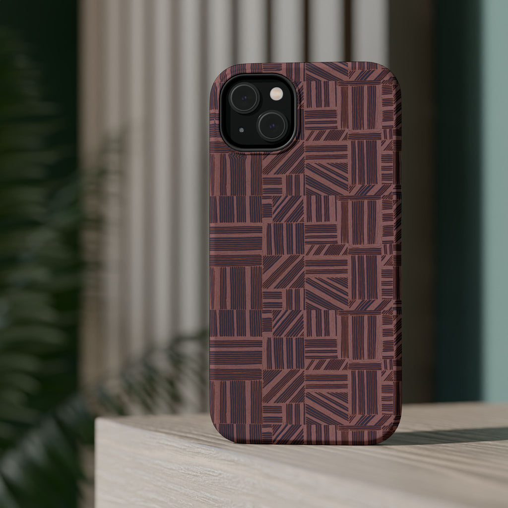 MagSafe Impact Resistant Phone Case - Geometric Brown Pattern, Dual-Layer Protection, geometric brown phone case lifestyle shot; impact resistant iphone 17 pro max case