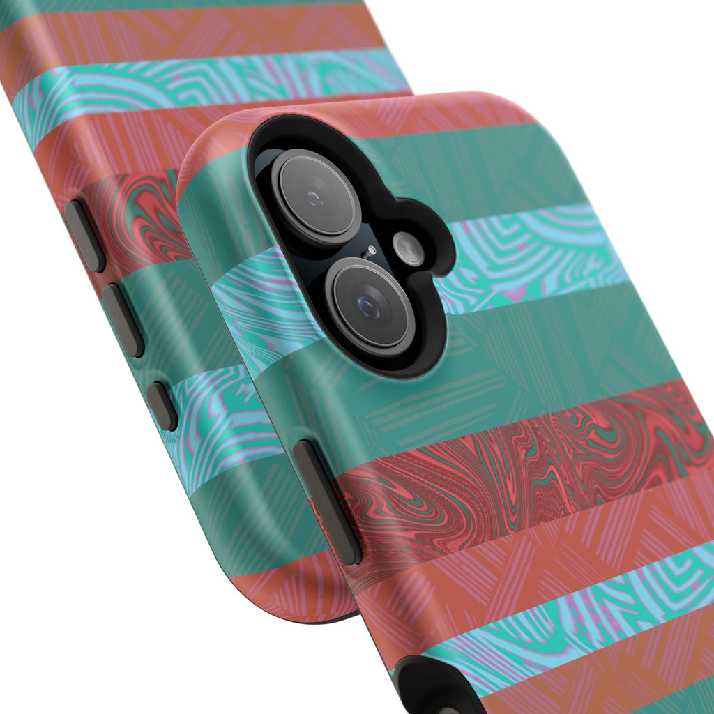 Striped Teal & Coral Magnetic Impact Phone Case rear product view with dual-camera opening, Fractyl magsafe compatible iphone 18 pro max case