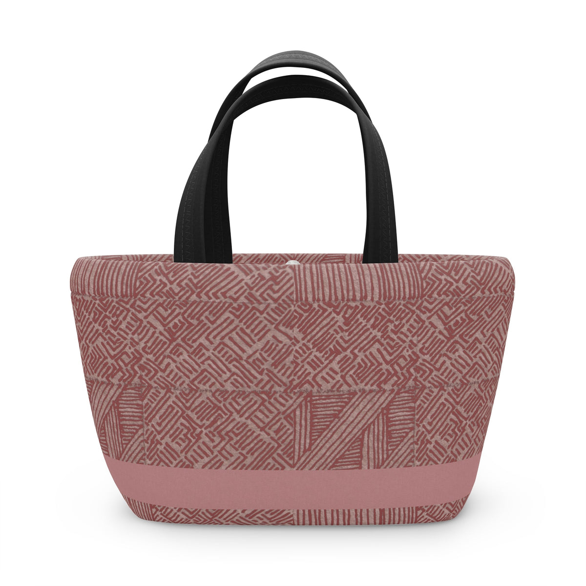 Insulated Geometric Pattern Lunch Bag — Dusty Rose Tote for Work & School. This cute lunch bag showcases a beautiful dusty rose color with a geometric pattern, making it the perfect insulated lunch bag for work or school. A versatile lunch bag suitable for kids or as a picnic lunch bag.