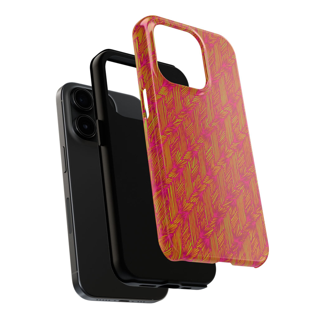 Tough Phone Case — Vibrant Tropical Herringbone Pattern, impact resistant iphone 17 case detail of bottom speaker and charging cutouts
