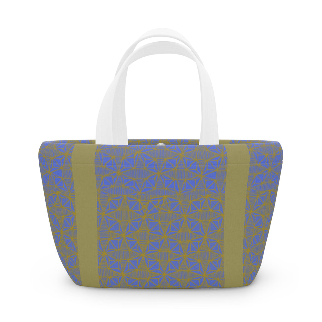 Geometric Blue Olive Insulated Lunch Bag showcasing a stylish pattern, perfect for those seeking a compact lunch bag for work or picnics.