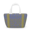 Geometric Blue Olive Insulated Lunch Bag showcasing a stylish pattern, perfect for those seeking a compact lunch bag for work or picnics.