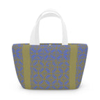 Geometric Blue Olive Insulated Lunch Bag showcasing a stylish pattern, perfect for those seeking a compact lunch bag for work or picnics.