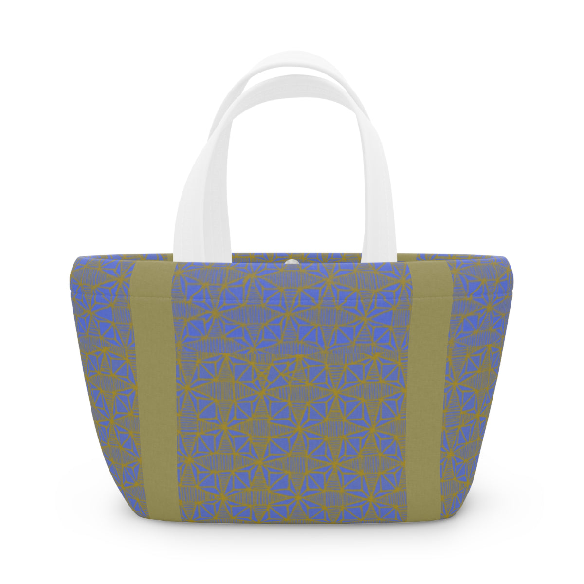 Geometric Blue Olive Insulated Lunch Bag showcasing a stylish pattern, perfect for those seeking a compact lunch bag for work or picnics.