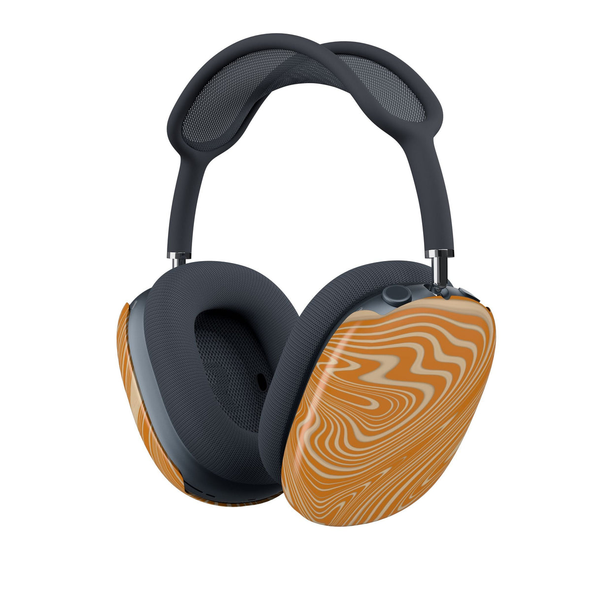 Orange Marble Earcup Covers for AirPods Max – Stylish Snap-On Shell Case with Retro Design, shown from the opposite side on AirPods Max headphones; protective airpods max 2 earcup covers with vintage marble styling