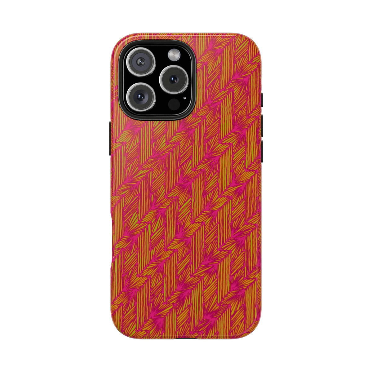 Tough Phone Case — Vibrant Tropical Herringbone Pattern, impact resistant iphone 17 case with vertically aligned dual camera cutout