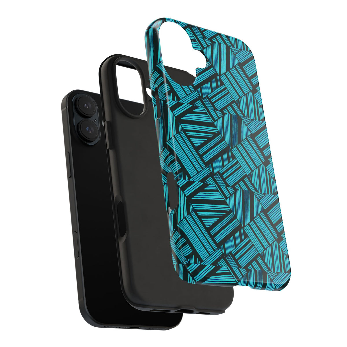 Teal Geometric Tough Phone Case — Durable Protective Phone Case with Modern Stripe Pattern, detached teal cover and phone demonstrating a shockproof iphone 18 pro max case