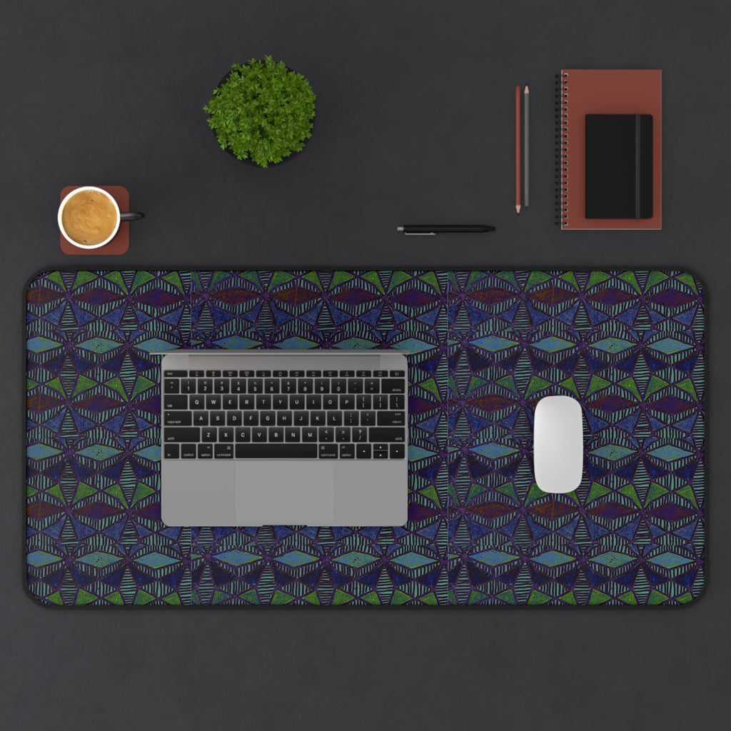 Striped Geometric Desk Mat — Dark Green & Navy Patterned Workspace Pad