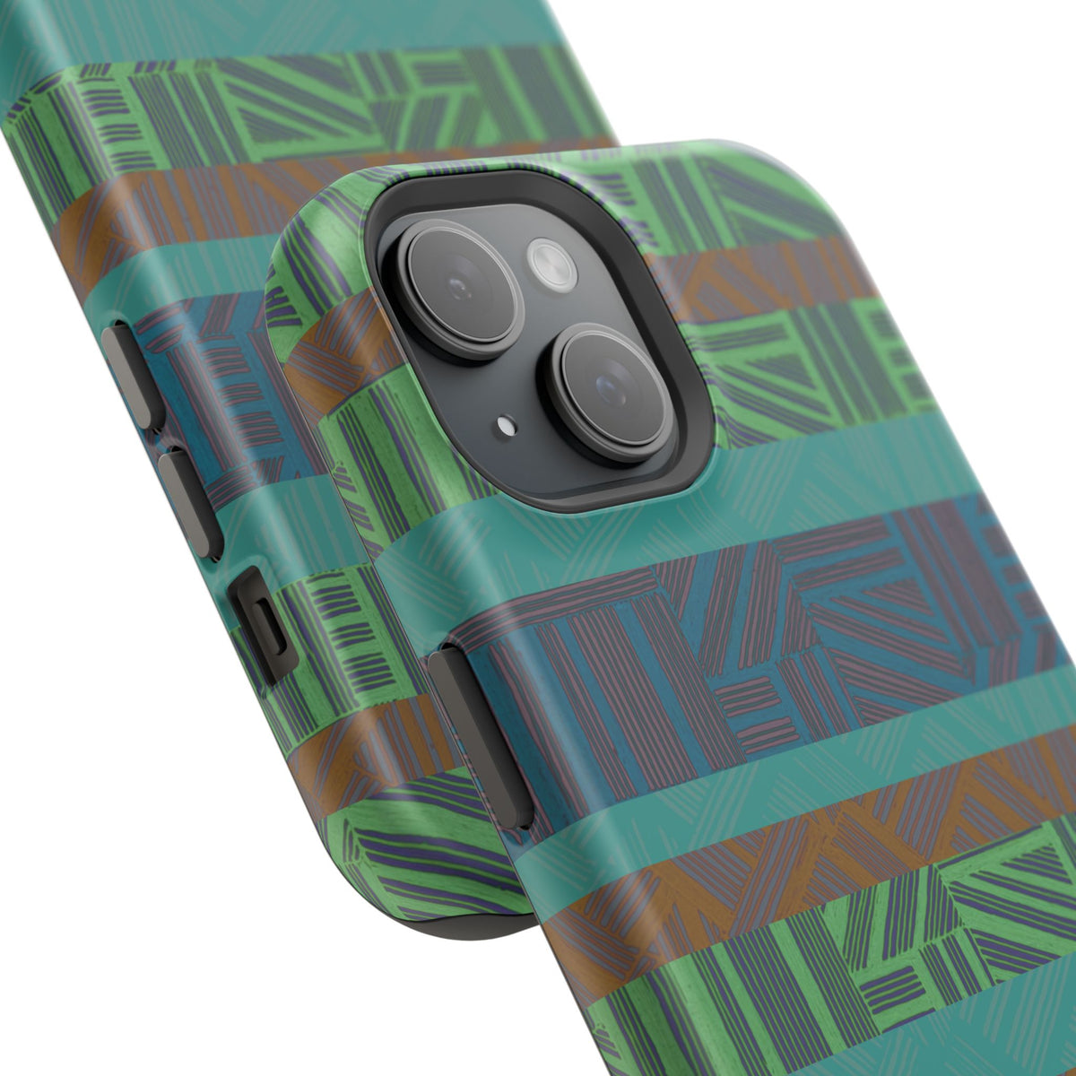 Green Geometric Stripe Phone Case — Impact-Resistant, wireless charging iphone 16 pro max case with bold green, teal, and brown geometric bands.