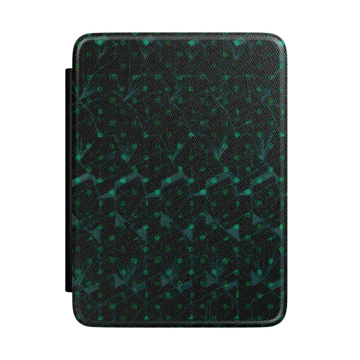 Emerald Nebula Kindle Paperwhite Case - Speckled Green PU Leather Cover with Magnetic Closure, a stylish 7 inch kindle case shown closed with a dark green galaxy pattern