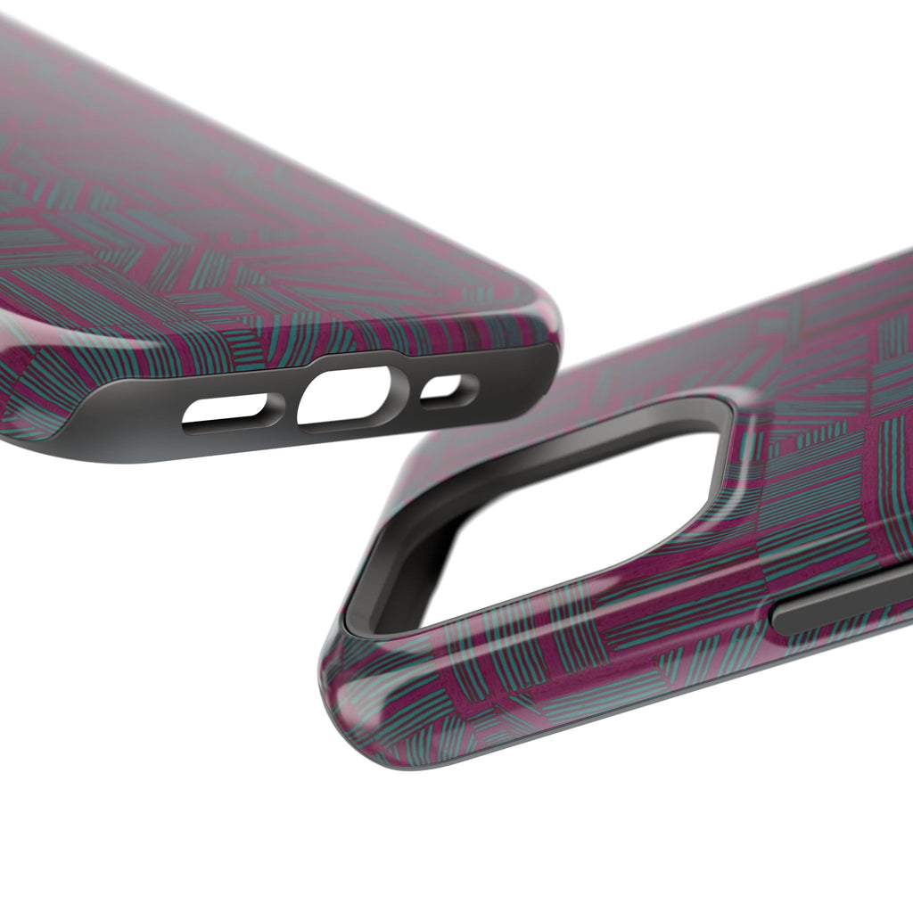 Slim Protective Phone Case With MagSafe, Dual-Layer Impact Protection, Plum Geometric Design, angled close-up of the plum geometric case around a multi-lens camera; slim protective iphone 16 promax  case.