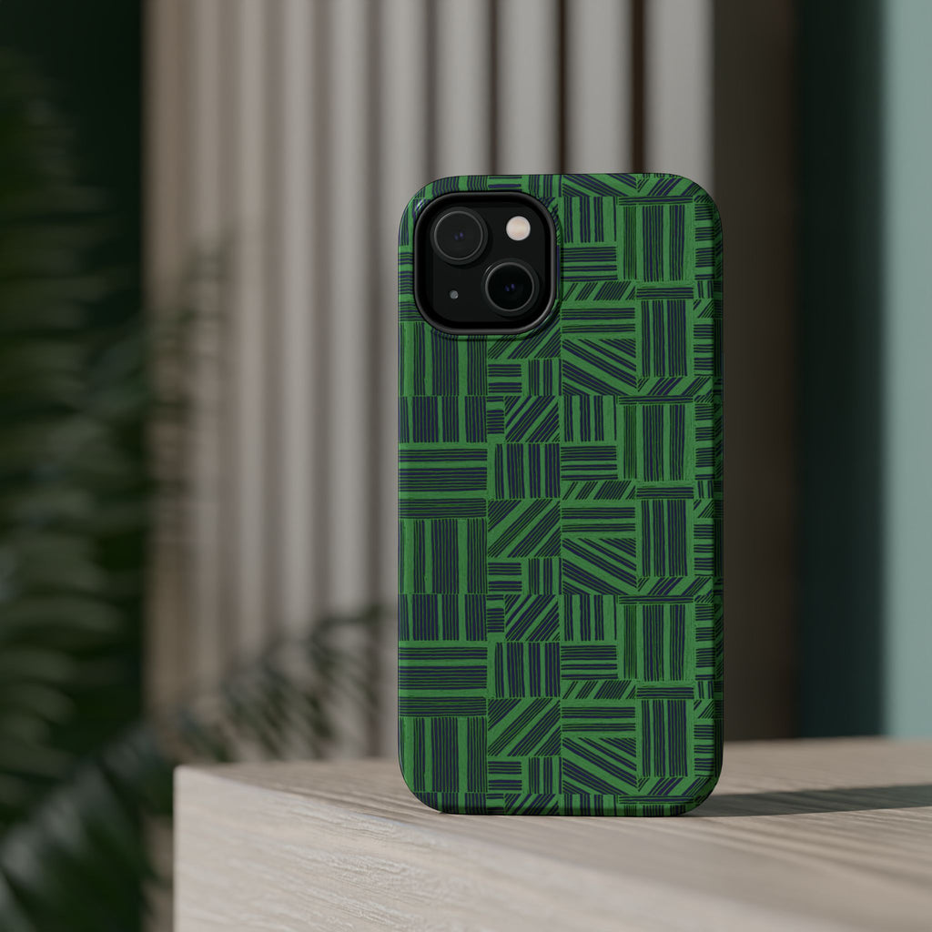 Green Magnetic Phone Case — 2-Layer Geometric MagSafe-Compatible Impact-Resistant Cover, green magnetic phone case- price match with CASETiFY and Casely, premium lifestyle shot of patterned green phone protection.