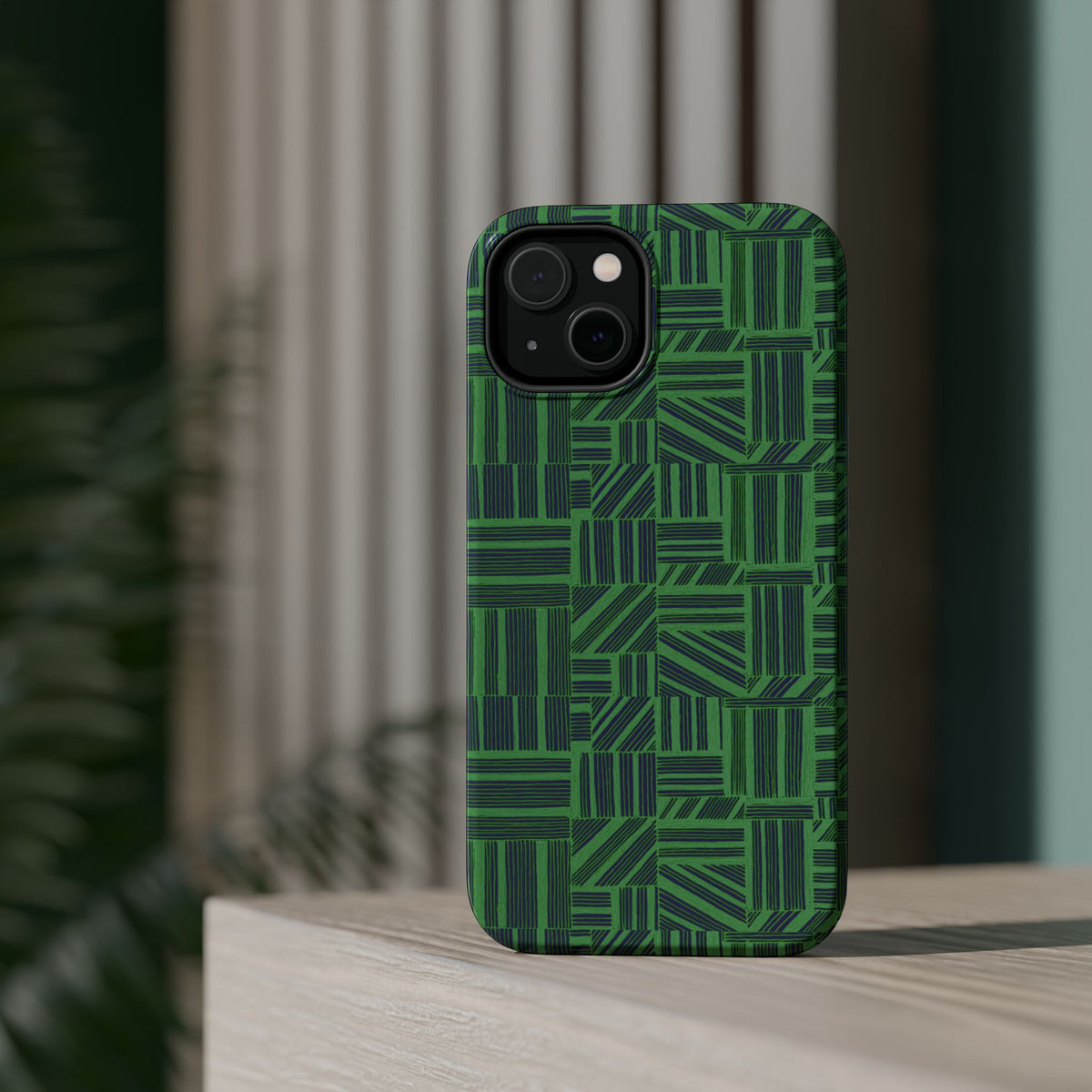 Green Magnetic Phone Case — 2-Layer Geometric MagSafe-Compatible Impact-Resistant Cover, green magnetic phone case- price match with CASETiFY and Casely, premium lifestyle shot of patterned green phone protection.