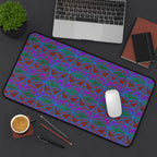 Geometric Neon Wave Desk Mat — Retro Purple & Teal Gamer Desk Pad, angled gaming desk mat with neon purple, teal, blue, and red geometric pattern.