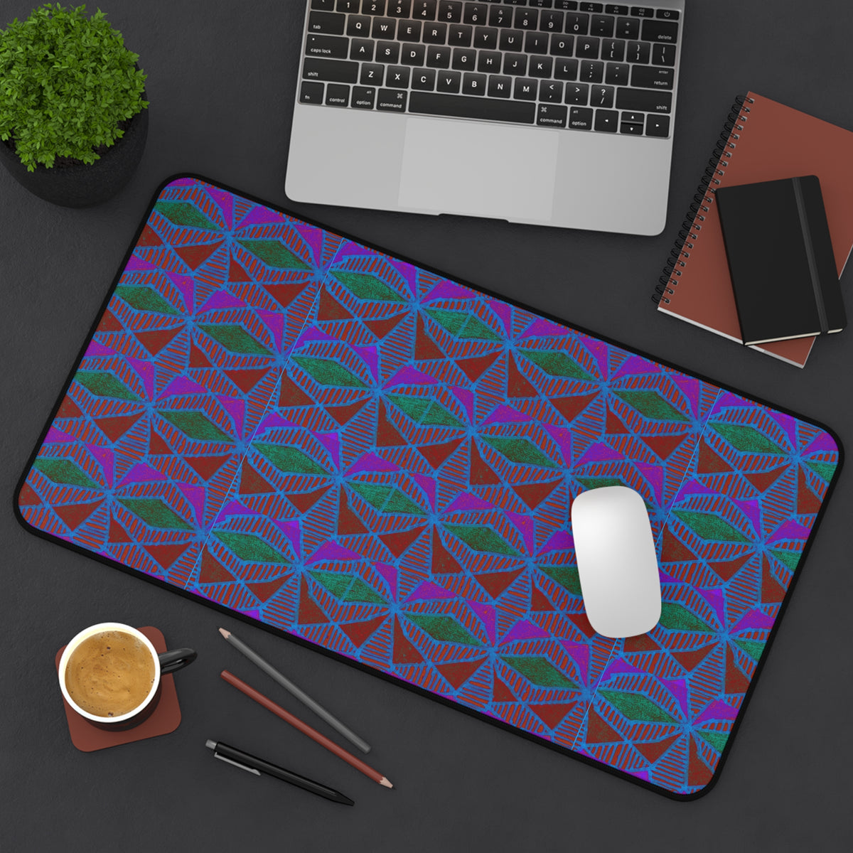 Geometric Neon Wave Desk Mat — Retro Purple & Teal Gamer Desk Pad, angled gaming desk mat with neon purple, teal, blue, and red geometric pattern.