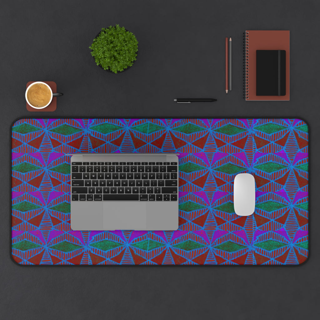 Geometric Neon Wave Desk Mat — Retro Purple & Teal Gamer Desk Pad, extra-wide gaming desk mat shown beneath a laptop and mouse in a workspace setup.