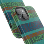 Green Geometric Stripe Phone Case — Impact-Resistant, wireless charging iphone 16 pro max case shown from an angled rear view with camera protection.