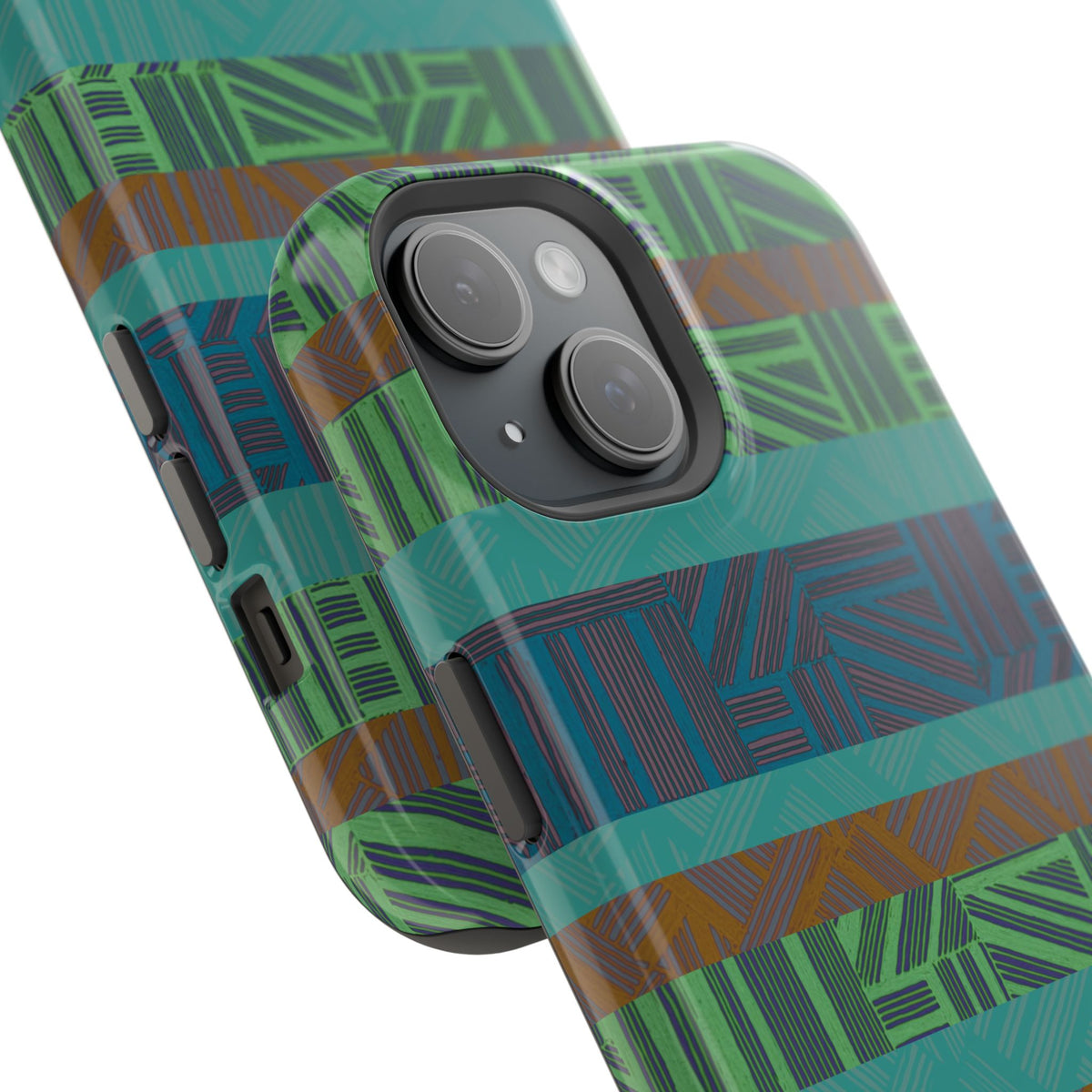 Green Geometric Stripe Phone Case — Impact-Resistant, wireless charging iphone 16 pro max case shown from an angled rear view with camera protection.