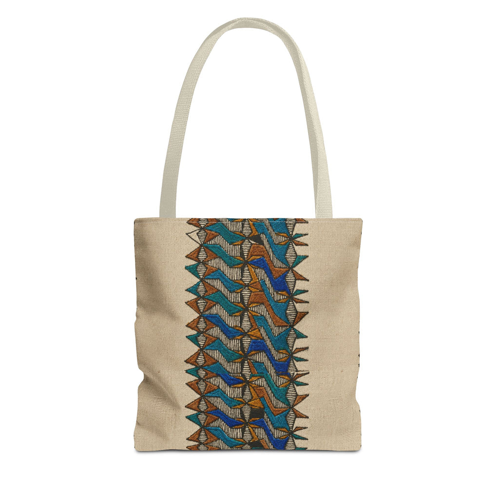 Boho Geometric Everyday Patterned Canvas Tote Bag With Reinforced Handles, 3 Sizes, shown with a neutral blue and tan geometric print and beige handles. Patterned canvas tote designed as an art tote, beige bag, bohemian bag, boho tote, canvas tote, eco shopping bag, everyday tote, gift for her, market bag, neutral tote, printed tote, summer tote, and tribal tote.