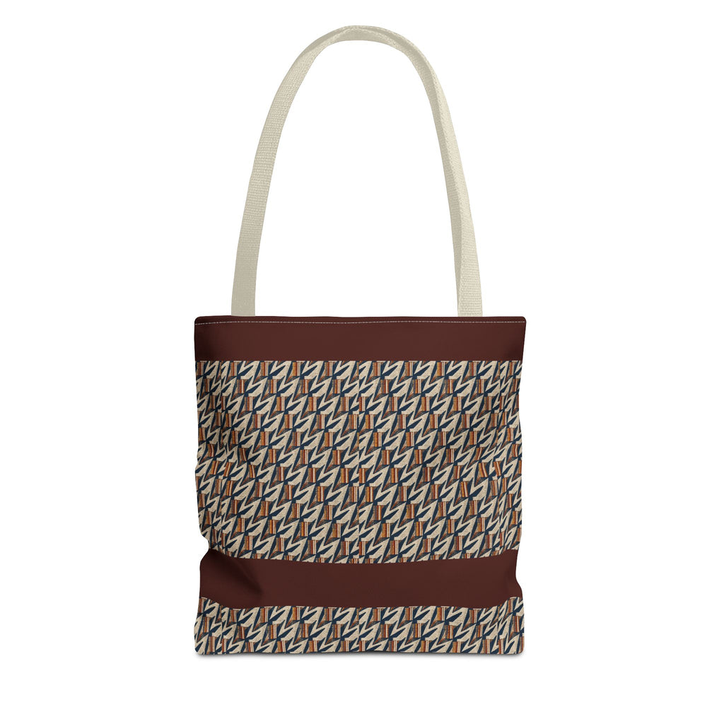 Geometric Retro Stripe Tote Bag – Vintage Brown Patterned AOP Tote with cream handles, a large everyday cotton tote for weekend markets