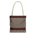 Geometric Retro Stripe Tote Bag – Vintage Brown Patterned AOP Tote with cream handles, a large everyday cotton tote for weekend markets