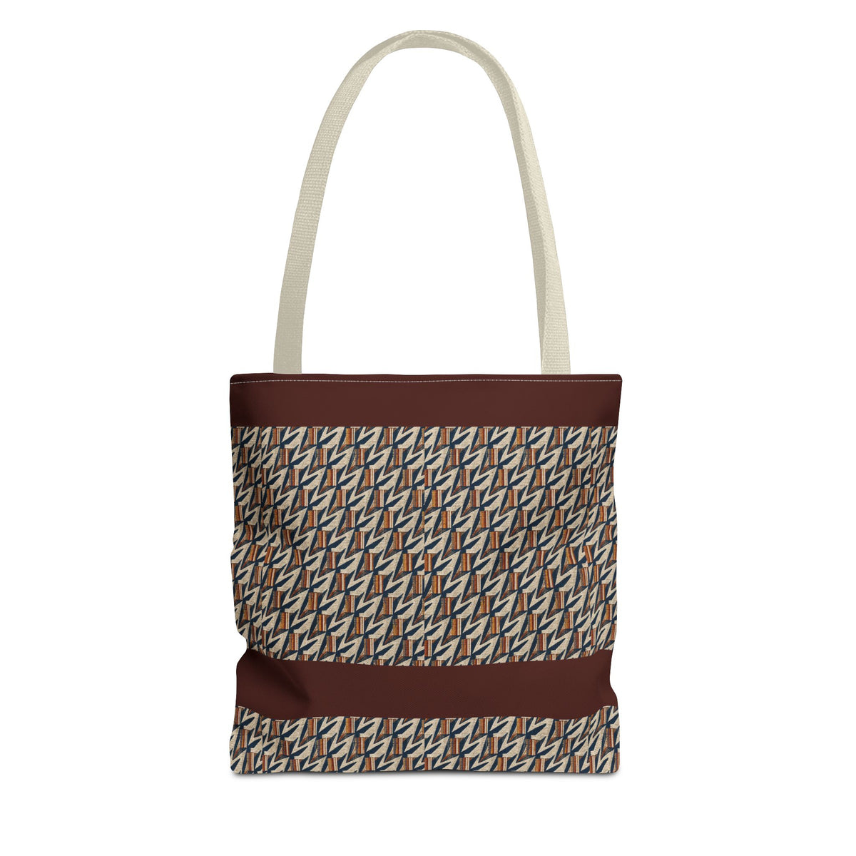 Geometric Retro Stripe Tote Bag – Vintage Brown Patterned AOP Tote with cream handles, a large everyday cotton tote for weekend markets
