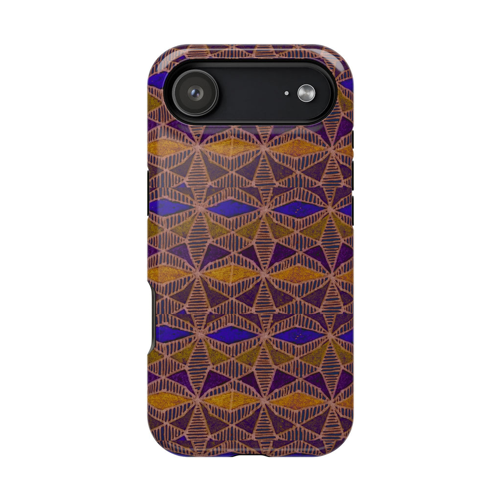 Phone Case — Geometric Tribal Pattern Magnetic Impact-Resistant Case, Fractyl impact resistant iphone 16 pro case displaying purple, bronze, and amber geometric artwork.