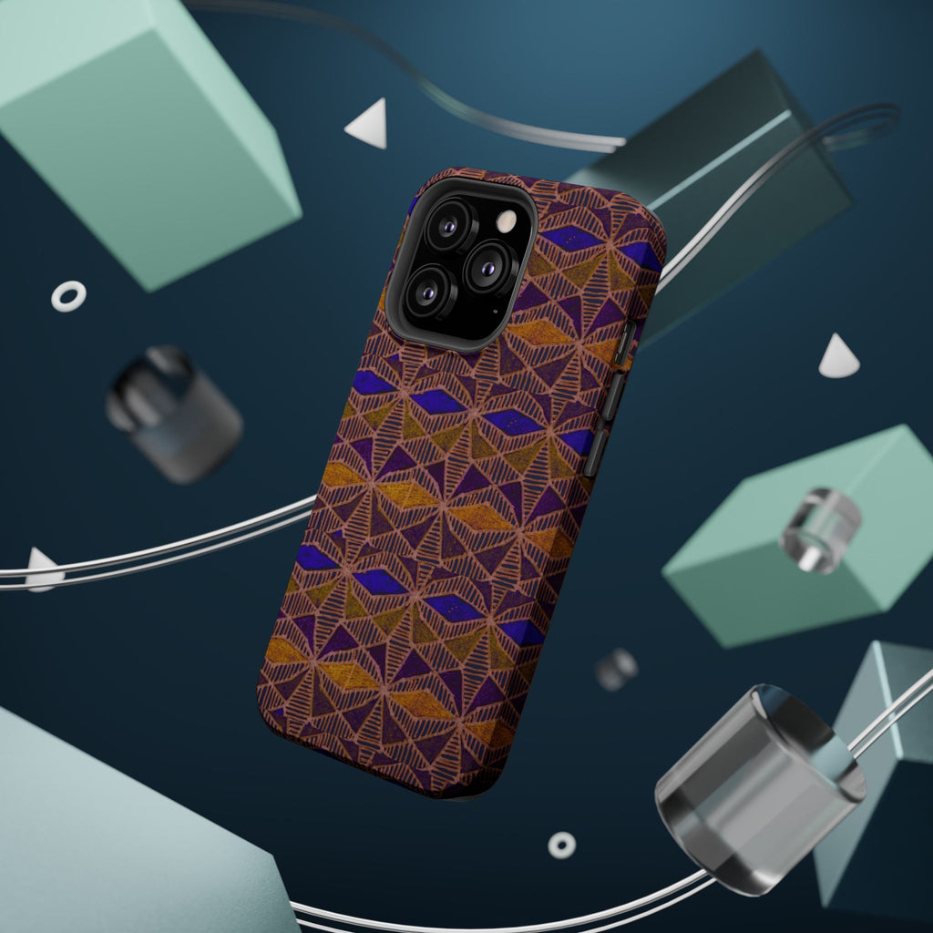 Phone Case — Geometric Tribal Pattern Magnetic Impact-Resistant Case, Fractyl impact resistant iphone 16 pro case displayed upright in a home interior with its bold tribal print.