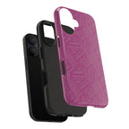 Magenta Geo Pattern Tough Phone Case — Protective Floral-Style Abstract Design, wireless charging iphone 18 pro case angled view with raised bezel.