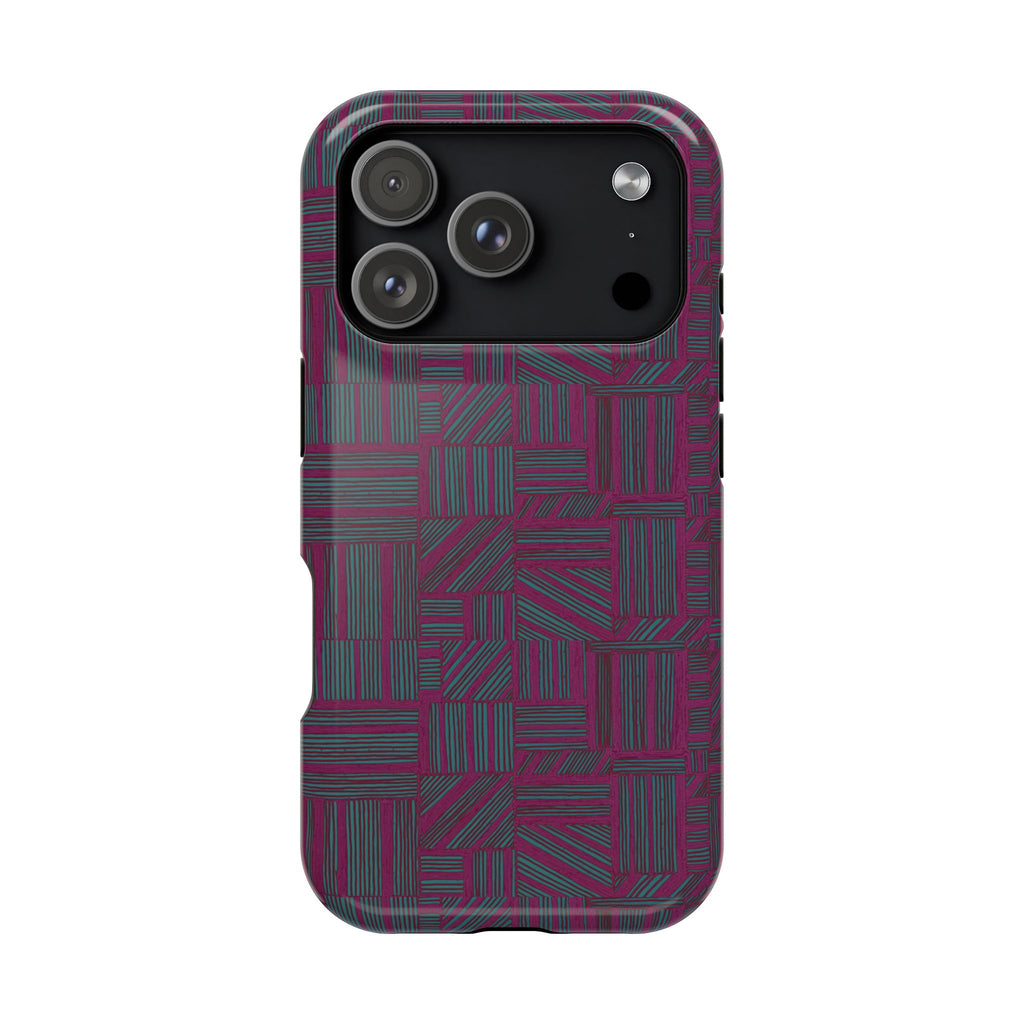 Slim Protective Phone Case With MagSafe, Dual-Layer Impact Protection, Plum Geometric Design, compact dual-camera phone case with plum geometric finish; slim protective iphone 16 promax  case.
